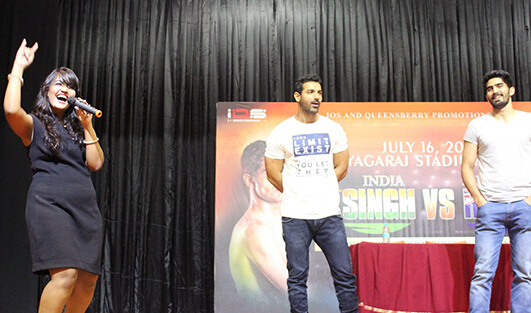 Emcee Ankita anchoring for Dhishoom movie press conference with John Abraham and Vijender Singh at Jamnabai Narsee School in Juhu mumbai