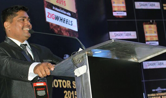 Emcee Alistair anchoring Zigwheels expo exhibition at BKC, Bandra